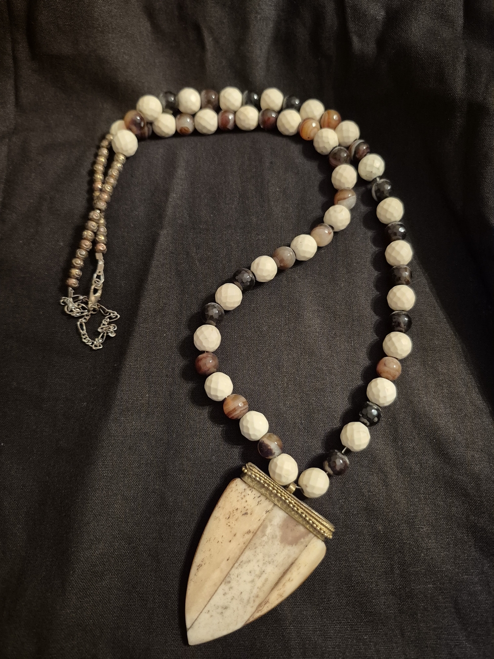 Natural Stone Pendant Beaded Necklace - Cream, Brown & Black
